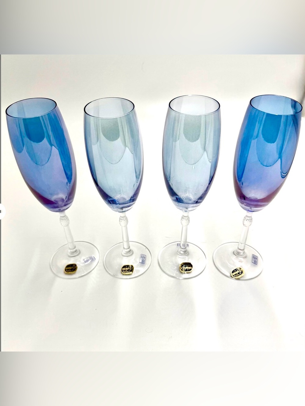 4 VTG Bohemia Blue Flute Champagne Glasses, 9” Tall. 2 Darker Blue, 2 Light Blue